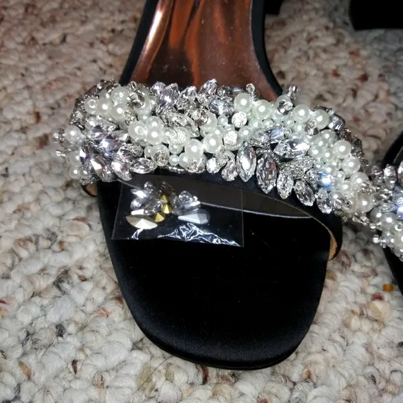 Badgley Mischka Clara Crystal/Pearl Embellished Black Satin Ankle Strap Sandals