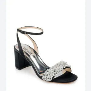 Badgley Mischka Clara Crystal/Pearl Embellished Black Satin Ankle Strap Sandals