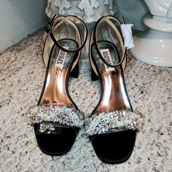Badgley Mischka Clara Crystal/Pearl Embellished Black Satin Ankle Strap Sandals