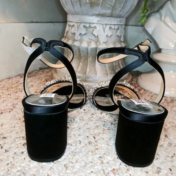 Badgley Mischka Clara Crystal/Pearl Embellished Black Satin Ankle Strap Sandals