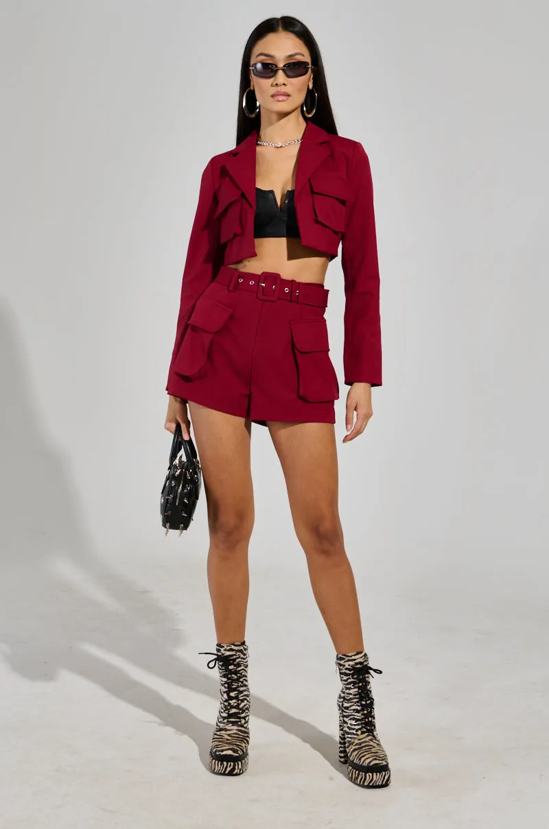 BETTER LUCK UTILITY POCKET SHORTS IN BURGUNDY
