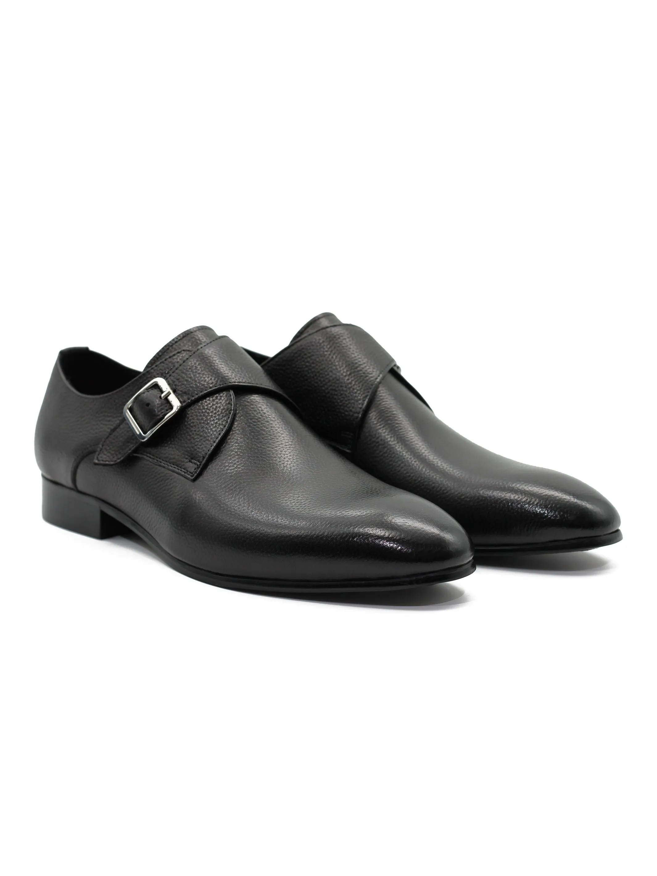 BLACK GRAIN LEATHER MONK STRAP SHOES