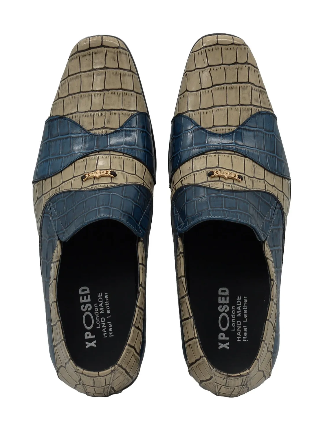 Blue Beige Tone Real Leather Loafers