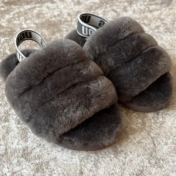 Brand New UGG Fluff Yeah Slides Baby &amp; Toddler Gray Genuine Sheepskin Slipper