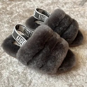 Brand New UGG Fluff Yeah Slides Baby &amp; Toddler Gray Genuine Sheepskin Slipper