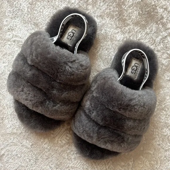 Brand New UGG Fluff Yeah Slides Baby &amp; Toddler Gray Genuine Sheepskin Slipper