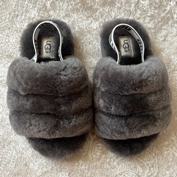 Brand New UGG Fluff Yeah Slides Baby &amp; Toddler Gray Genuine Sheepskin Slipper