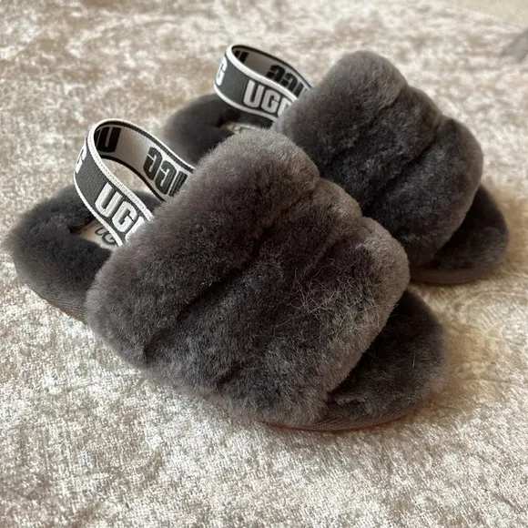Brand New UGG Fluff Yeah Slides Baby &amp; Toddler Gray Genuine Sheepskin Slipper