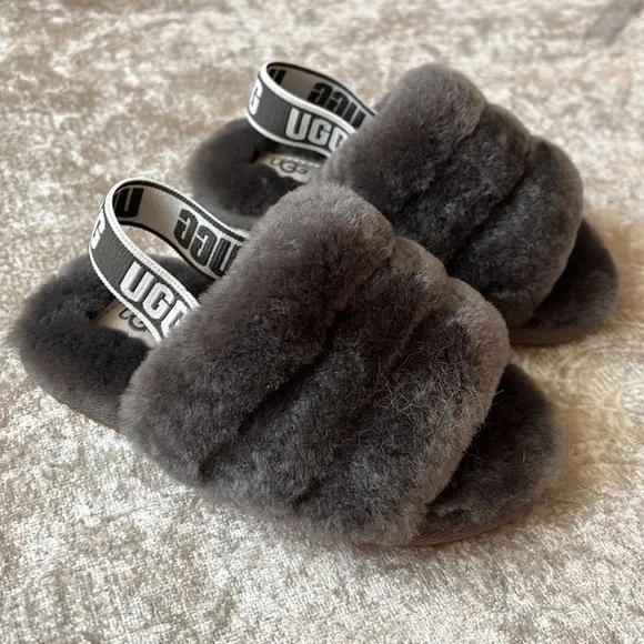 Brand New UGG Fluff Yeah Slides Baby &amp; Toddler Gray Genuine Sheepskin Slipper