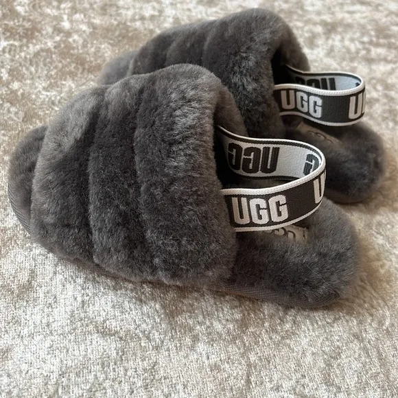 Brand New UGG Fluff Yeah Slides Baby &amp; Toddler Gray Genuine Sheepskin Slipper