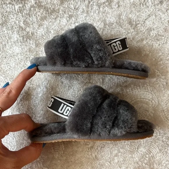 Brand New UGG Fluff Yeah Slides Baby &amp; Toddler Gray Genuine Sheepskin Slipper
