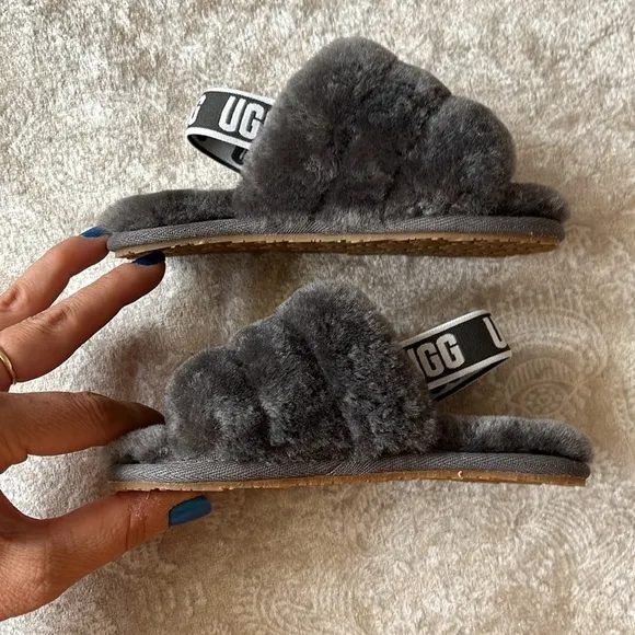 Brand New UGG Fluff Yeah Slides Baby &amp; Toddler Gray Genuine Sheepskin Slipper