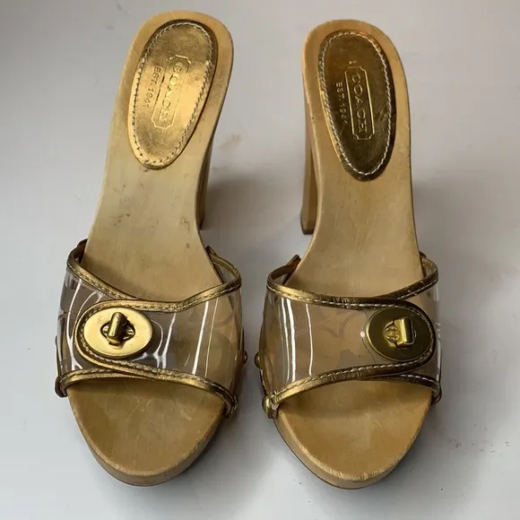 Coach Cagney clear signature gold trim mules