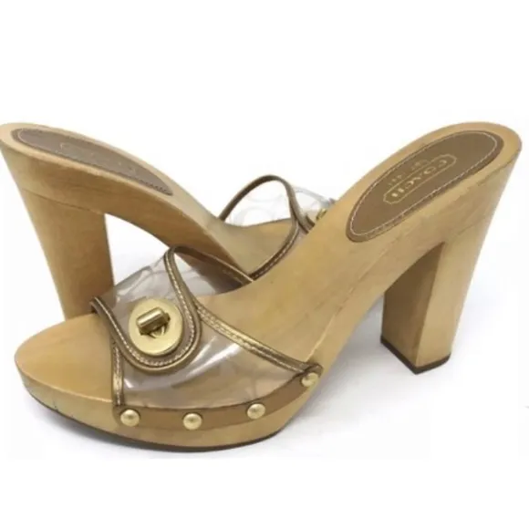 Coach Cagney clear signature gold trim mules