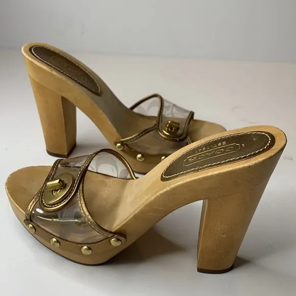 Coach Cagney clear signature gold trim mules