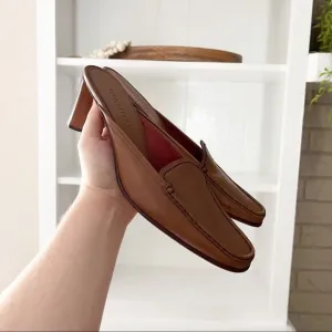 Cole Haan Brown Leather Square Toe Oval Heel Slip On Mules