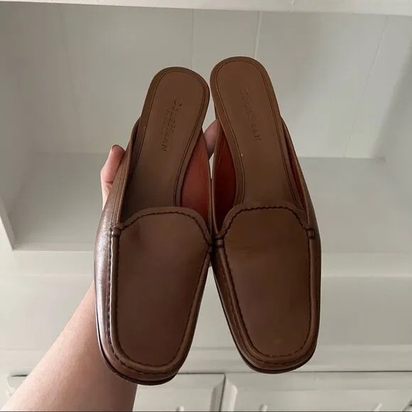 Cole Haan Brown Leather Square Toe Oval Heel Slip On Mules