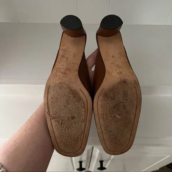 Cole Haan Brown Leather Square Toe Oval Heel Slip On Mules