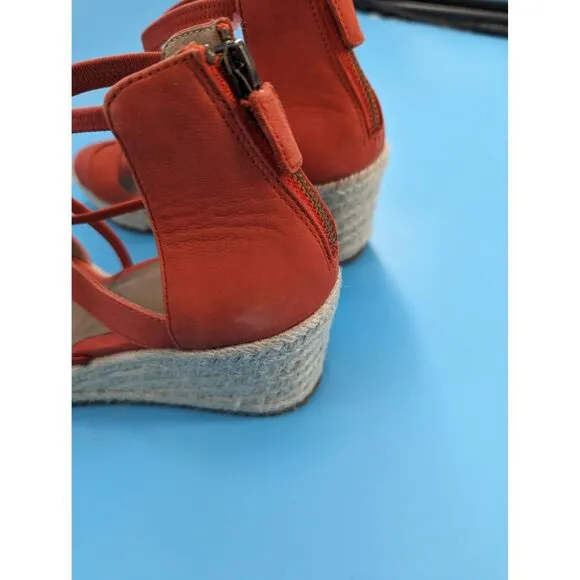 Eileen Fisher Wanda Strappy Leather Wedge Sandals‎ Espadrille Orange $195 NEW