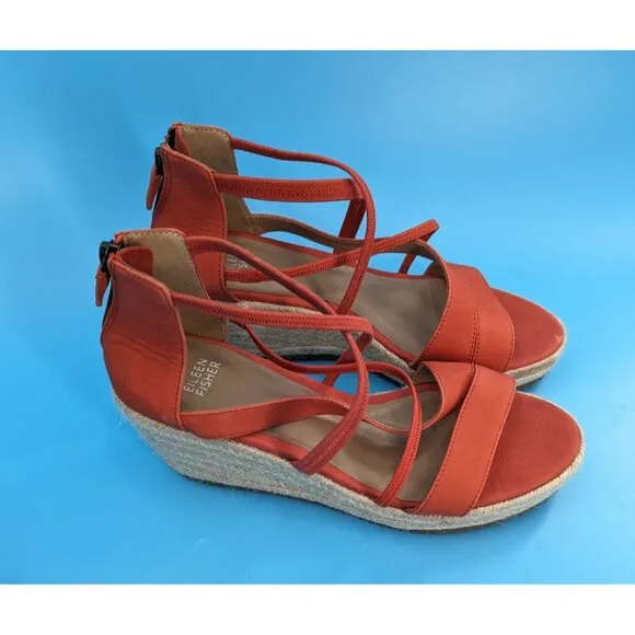 Eileen Fisher Wanda Strappy Leather Wedge Sandals‎ Espadrille Orange $195 NEW