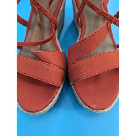 Eileen Fisher Wanda Strappy Leather Wedge Sandals‎ Espadrille Orange $195 NEW