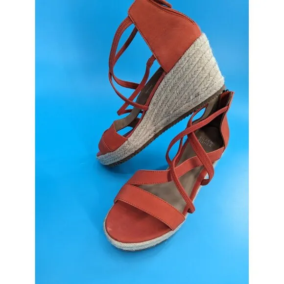 Eileen Fisher Wanda Strappy Leather Wedge Sandals‎ Espadrille Orange $195 NEW