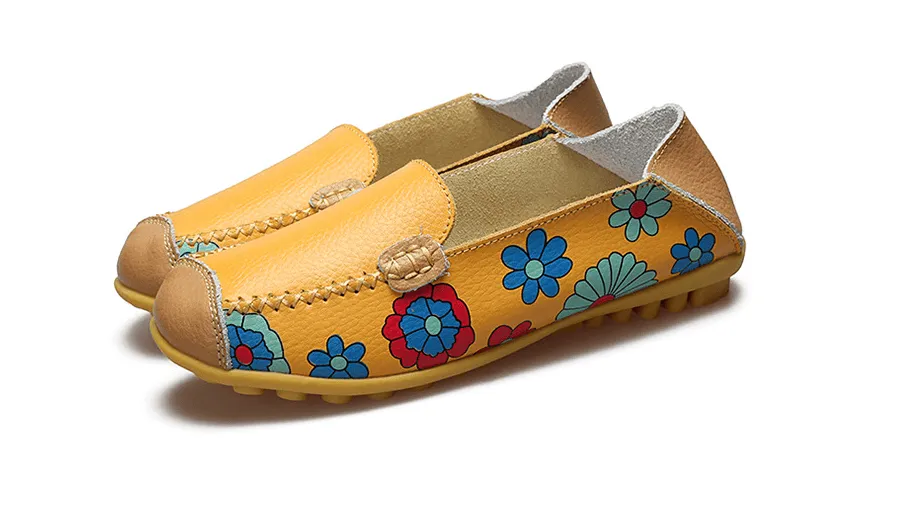 Flower Print Genuine Leather Flexible Loafers