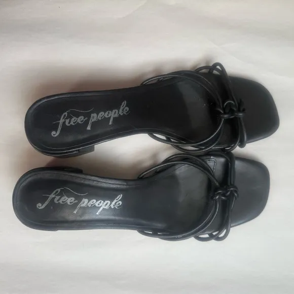 Free People Petra Strappy Knotted Black Leather Heel Sandal Slide Mules 40/US 9