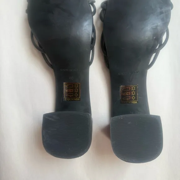 Free People Petra Strappy Knotted Black Leather Heel Sandal Slide Mules 40/US 9