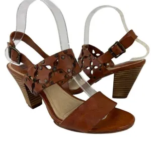 Frye Brown Leather Skye Cut Sling Floral Studded Heeled Sandals Size 7.5