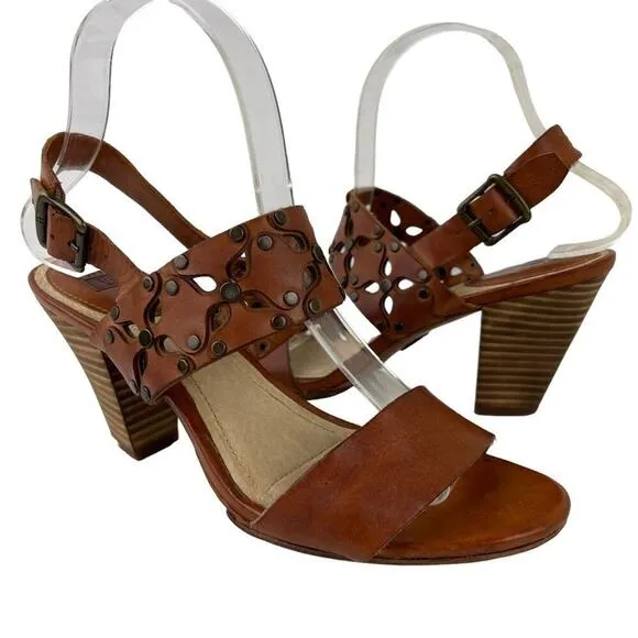 Frye Brown Leather Skye Cut Sling Floral Studded Heeled Sandals Size 7.5