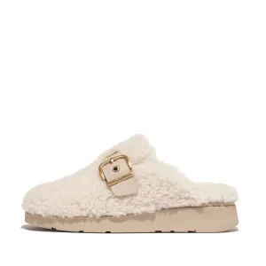 Gen-FF Buckle Curly Shearling Leather Mules in Beige