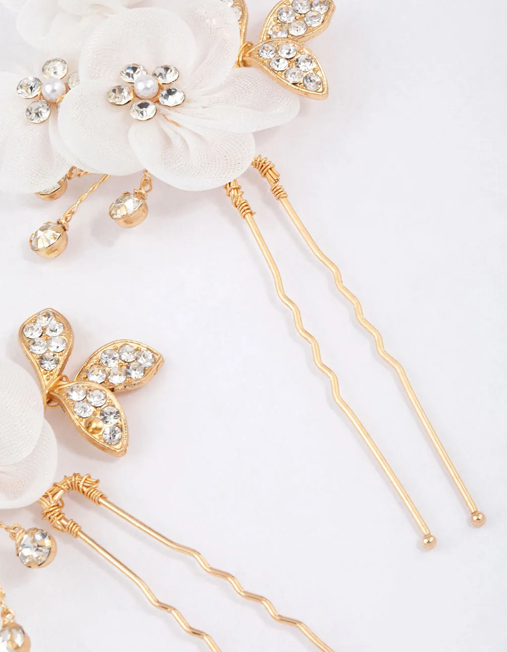 Gold Triple Flower Diamante Hair Pin Pack