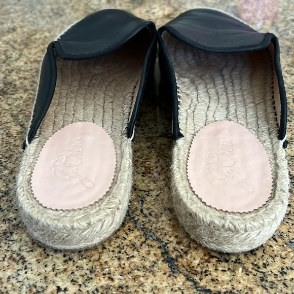 J Crew Black Leather Espadrille Mules