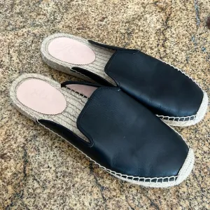 J Crew Black Leather Espadrille Mules