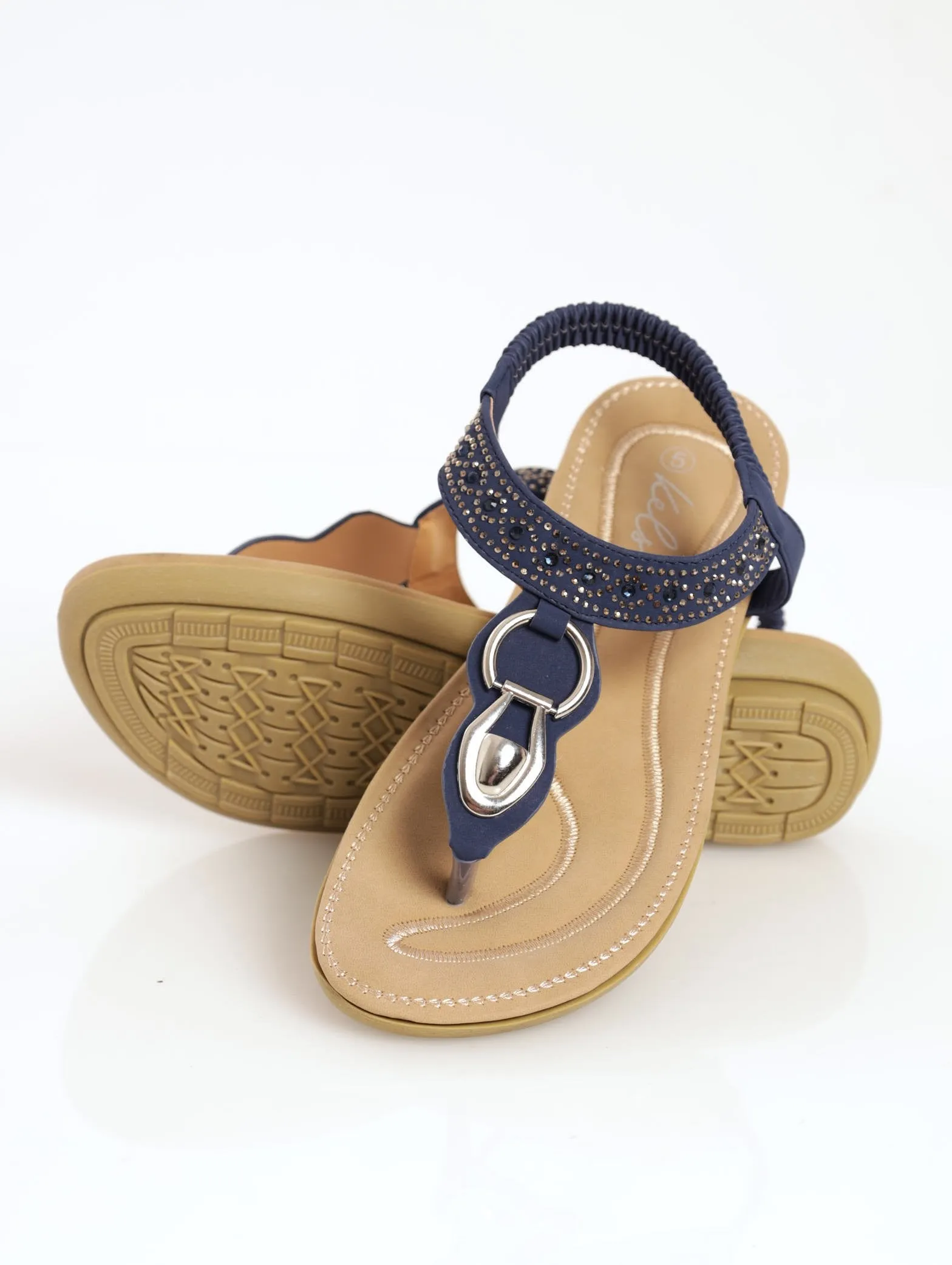 Ladies Padded Elasticated Thong Sandal - Navy