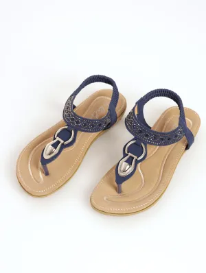 Ladies Padded Elasticated Thong Sandal - Navy