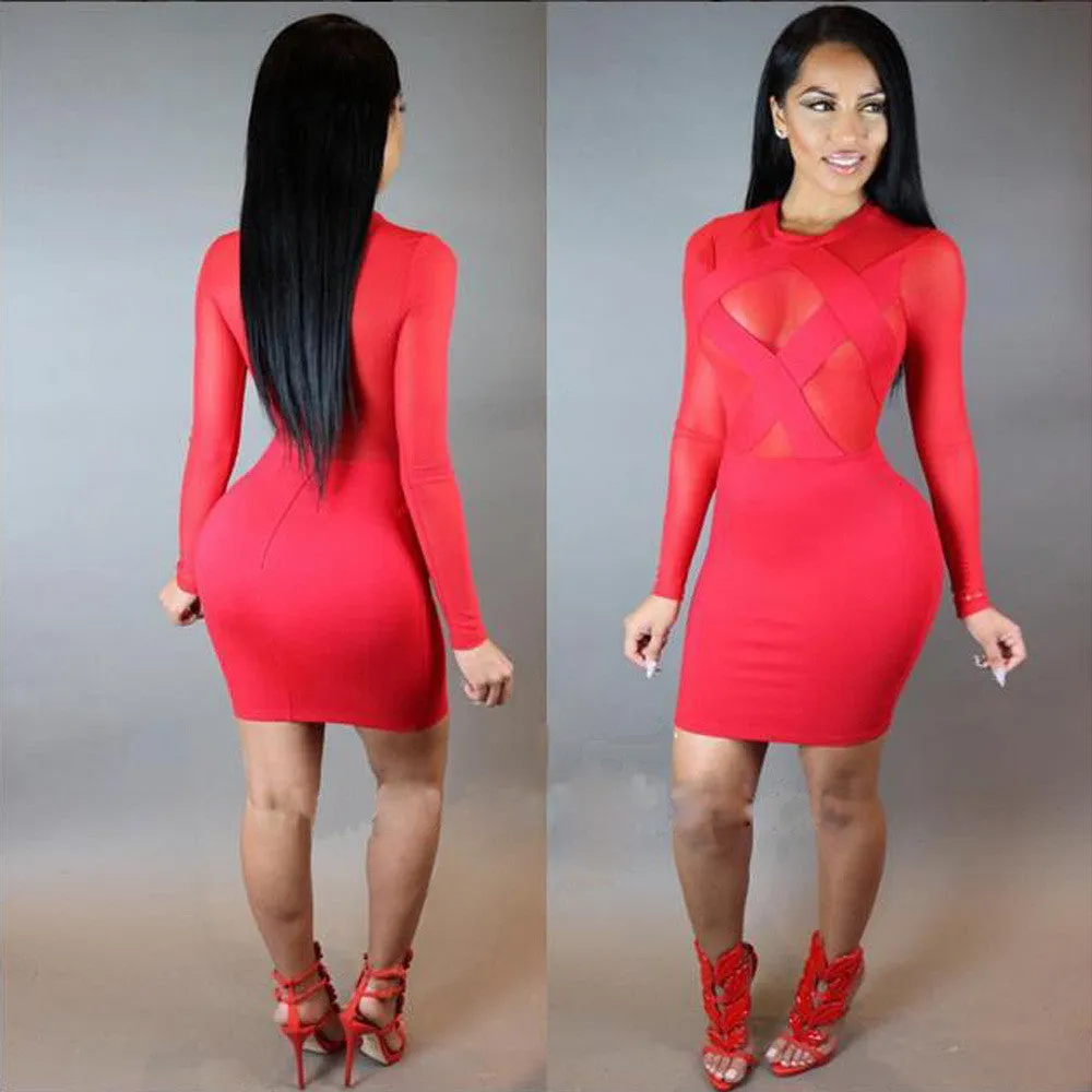 Long Sleeve Mesh Patchwork Cross Sheer Party Dress