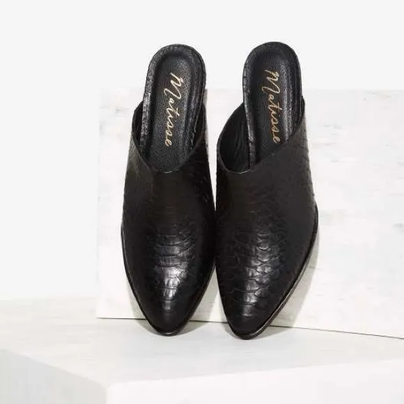 Matisse Leather Clover Slip On Mules in Black Croc - 7