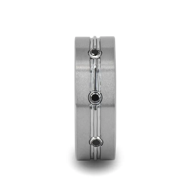 Men's Satin Finished Tungsten Ring Grooved Center And Triple Black Diamonds 8mm