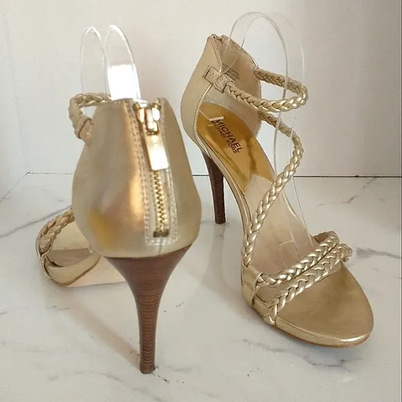 Michael Michael Kors Alexa High Pale Gold Braided Strappy Heeled Sandals