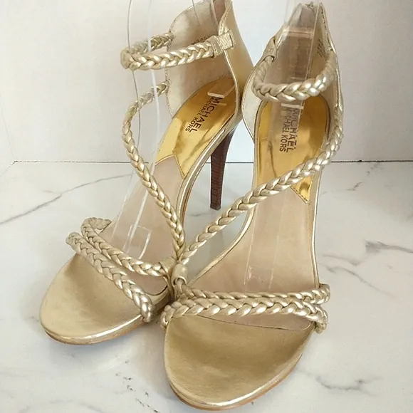 Michael Michael Kors Alexa High Pale Gold Braided Strappy Heeled Sandals
