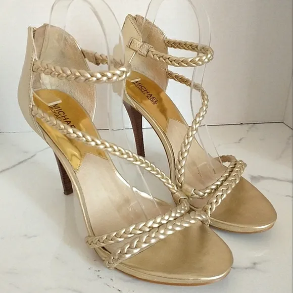Michael Michael Kors Alexa High Pale Gold Braided Strappy Heeled Sandals