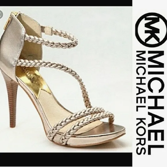 Michael Michael Kors Alexa High Pale Gold Braided Strappy Heeled Sandals
