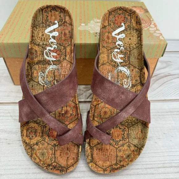 NEW Very G Crisscross Burgundy Wine Metallic Strappy Sandals Contoured Footbed