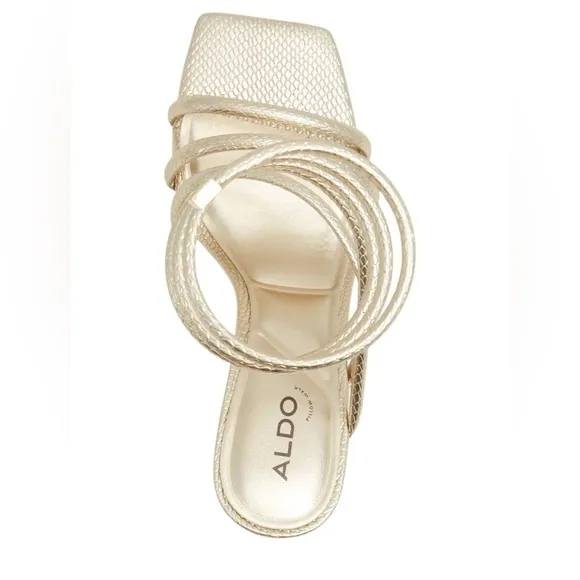 NIB. Aldo Twirly Snake Embossed Ankle Wrap Heeled Sandal in Metallic Gold  7.5