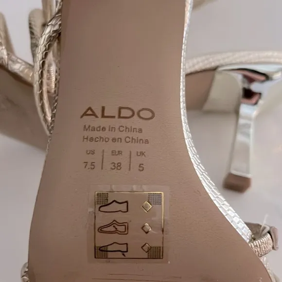 NIB. Aldo Twirly Snake Embossed Ankle Wrap Heeled Sandal in Metallic Gold  7.5