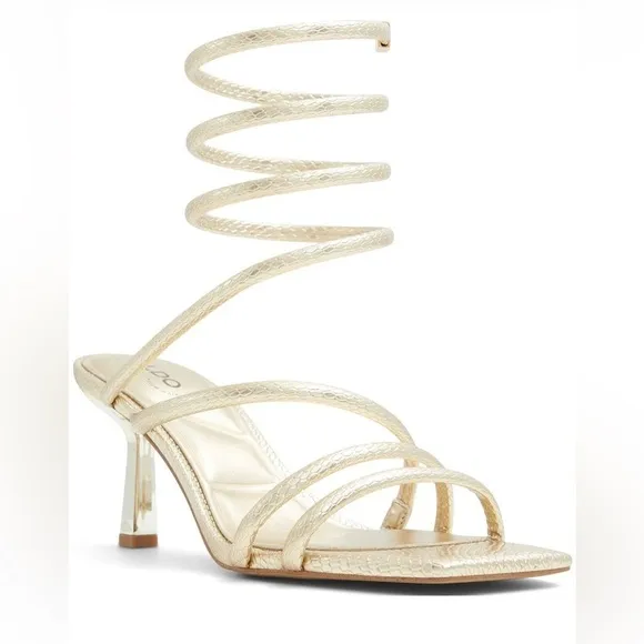 NIB. Aldo Twirly Snake Embossed Ankle Wrap Heeled Sandal in Metallic Gold  7.5