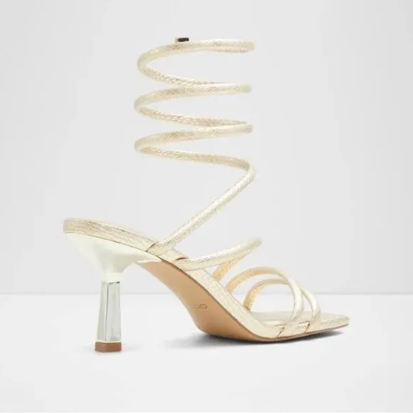 NIB. Aldo Twirly Snake Embossed Ankle Wrap Heeled Sandal in Metallic Gold  7.5