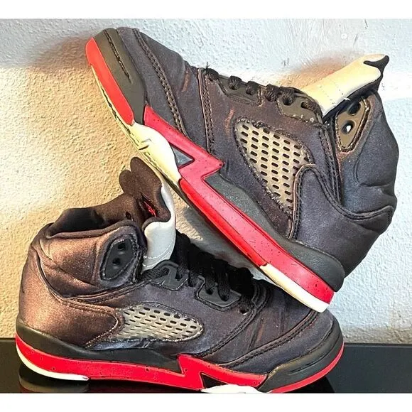 Nike Air Jordan 5 Black Satin/Varsity Red 440890-008 Mid Toddler Sneakers SZ 11C